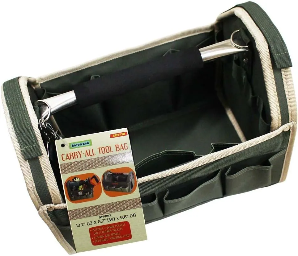 12.5" Green Tool Carry-All | Premium Canvas with Multi-Pockets | Metal Handle & Rubber Feet | 12.5" x 9.5" x 8" | Best for Tools, Crafts & Supplies