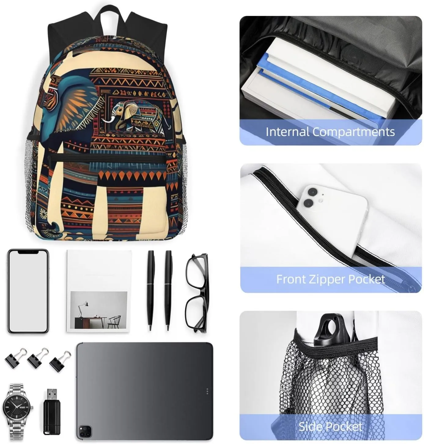 Aztec Elephant Print Backpack For Men And Women Lightweight Backpack Casual Daypack For Workplace Travel