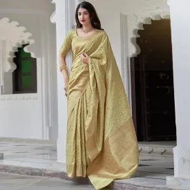 Beige Festive Wear Woven Soft Satin Silk Saree