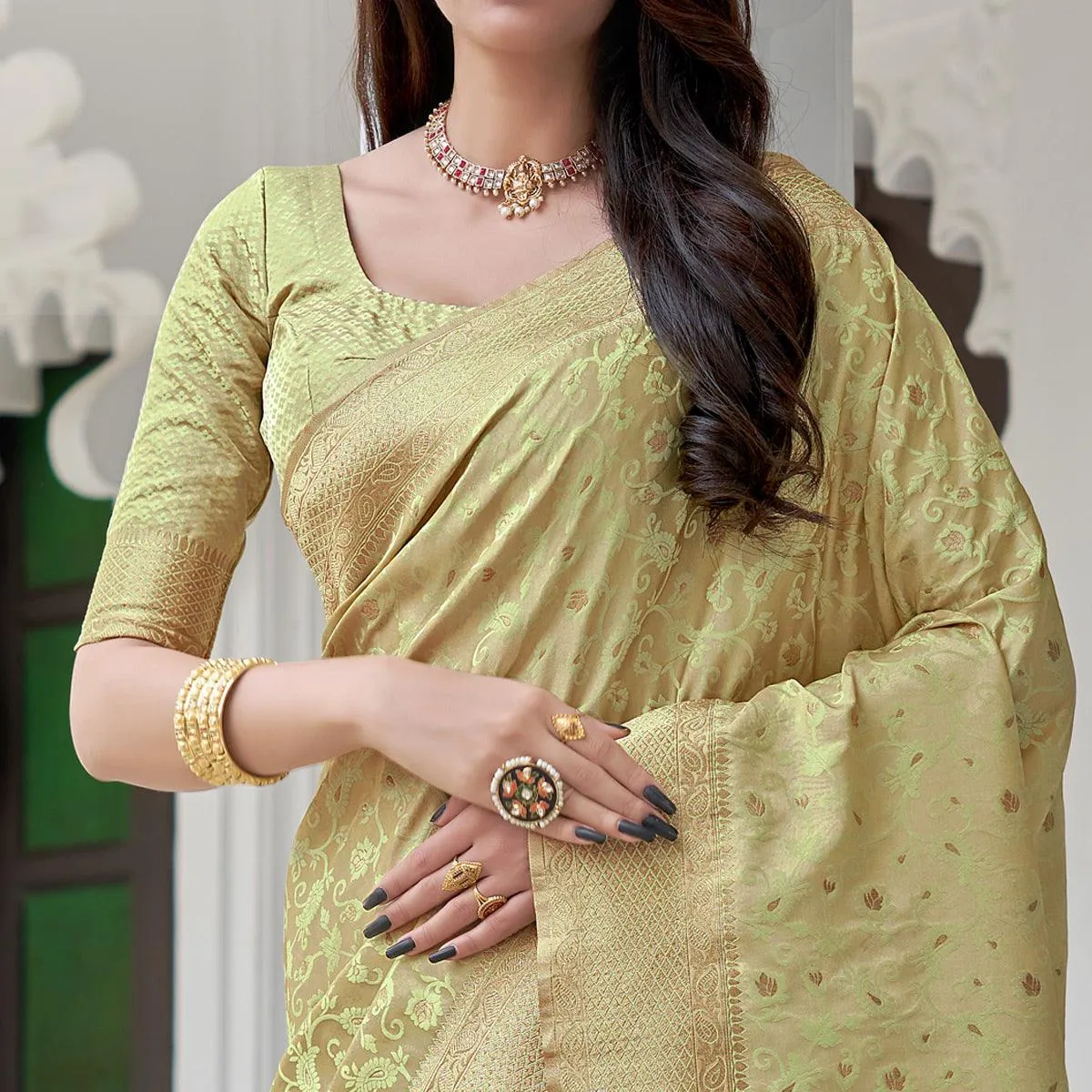 Beige Festive Wear Woven Soft Satin Silk Saree