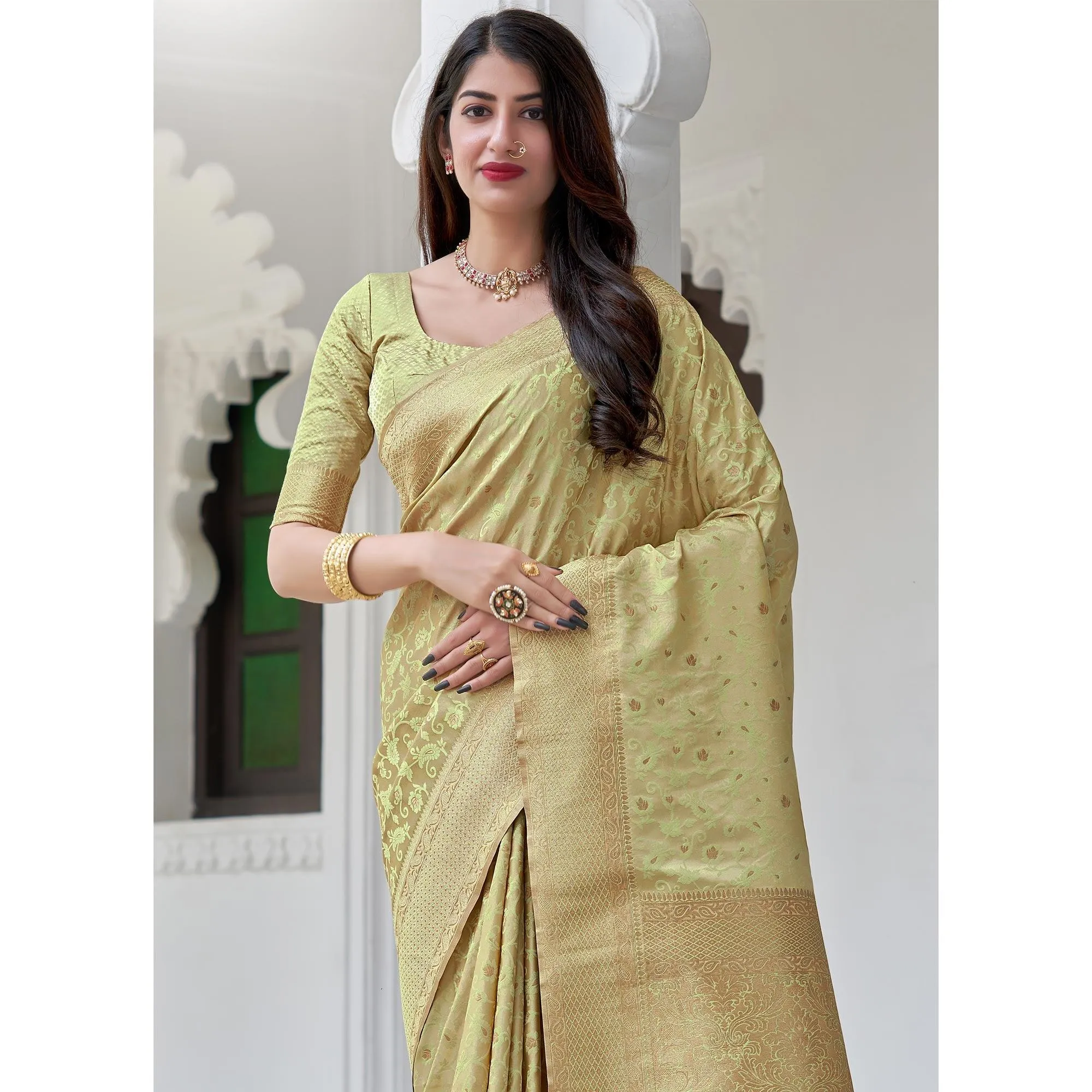 Beige Festive Wear Woven Soft Satin Silk Saree