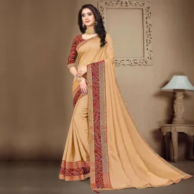 Beige Solid Vichitra Silk Saree