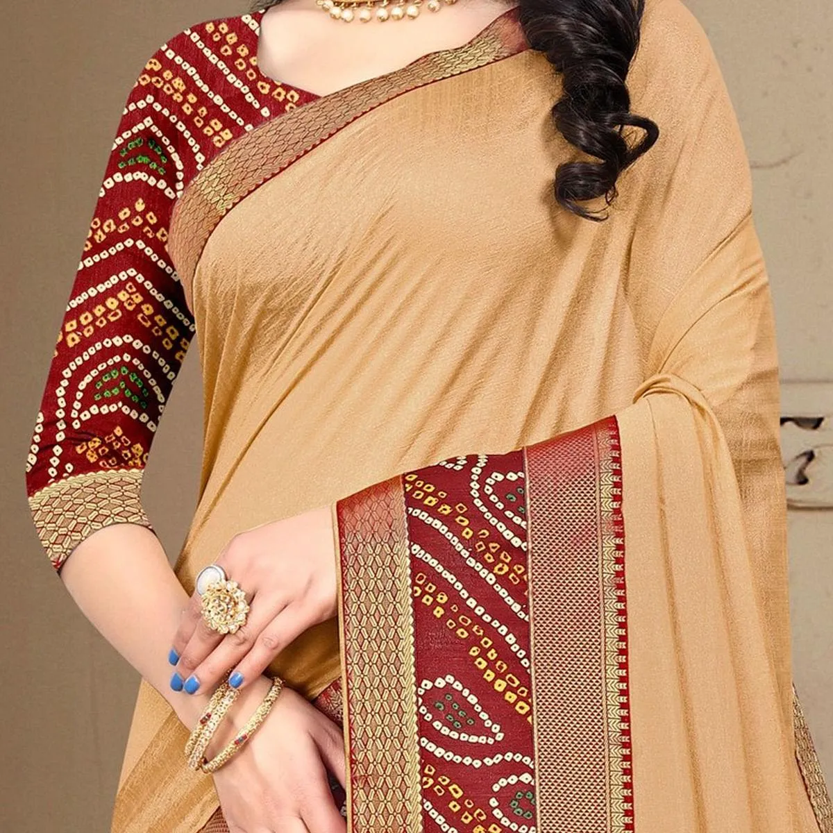 Beige Solid Vichitra Silk Saree