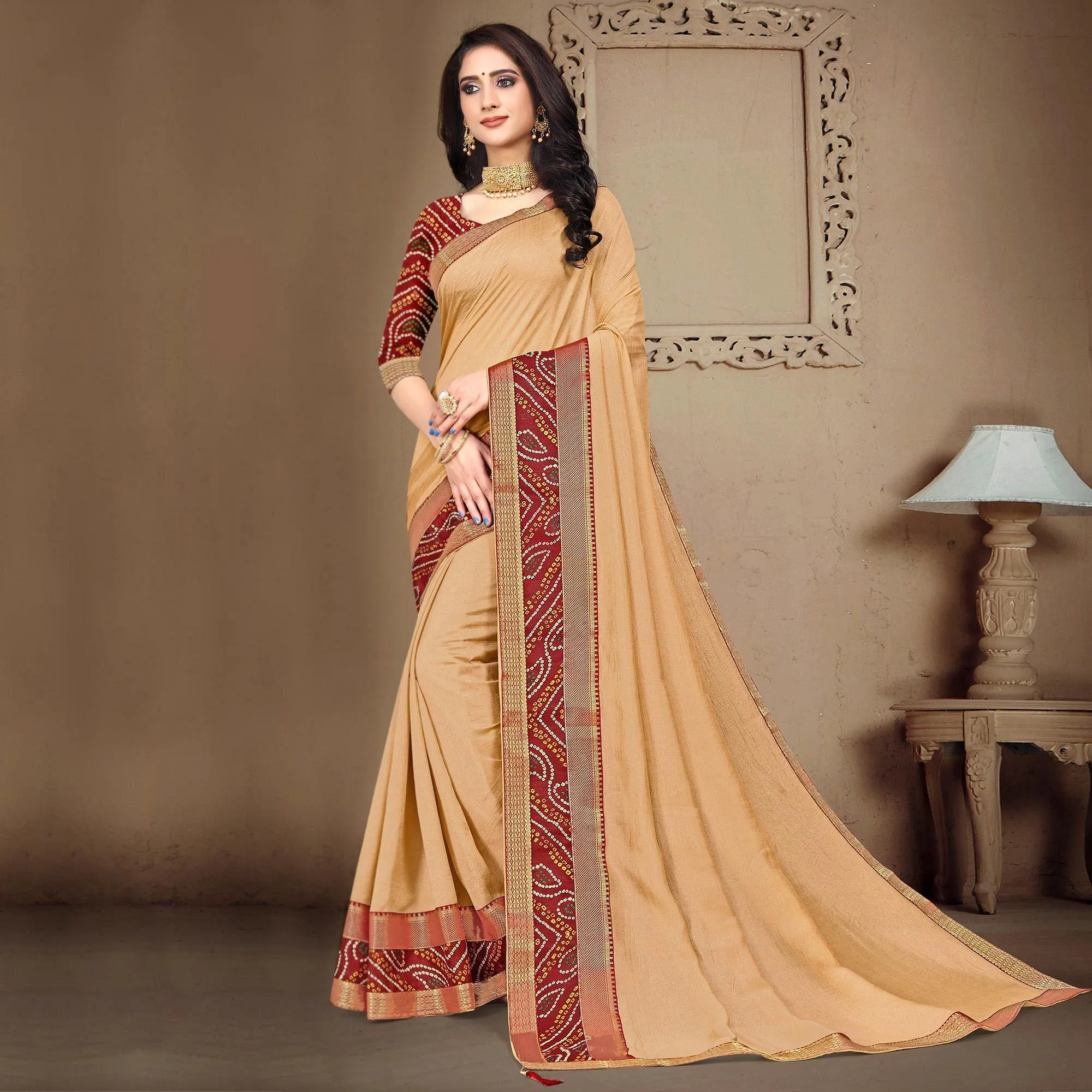 Beige Solid Vichitra Silk Saree