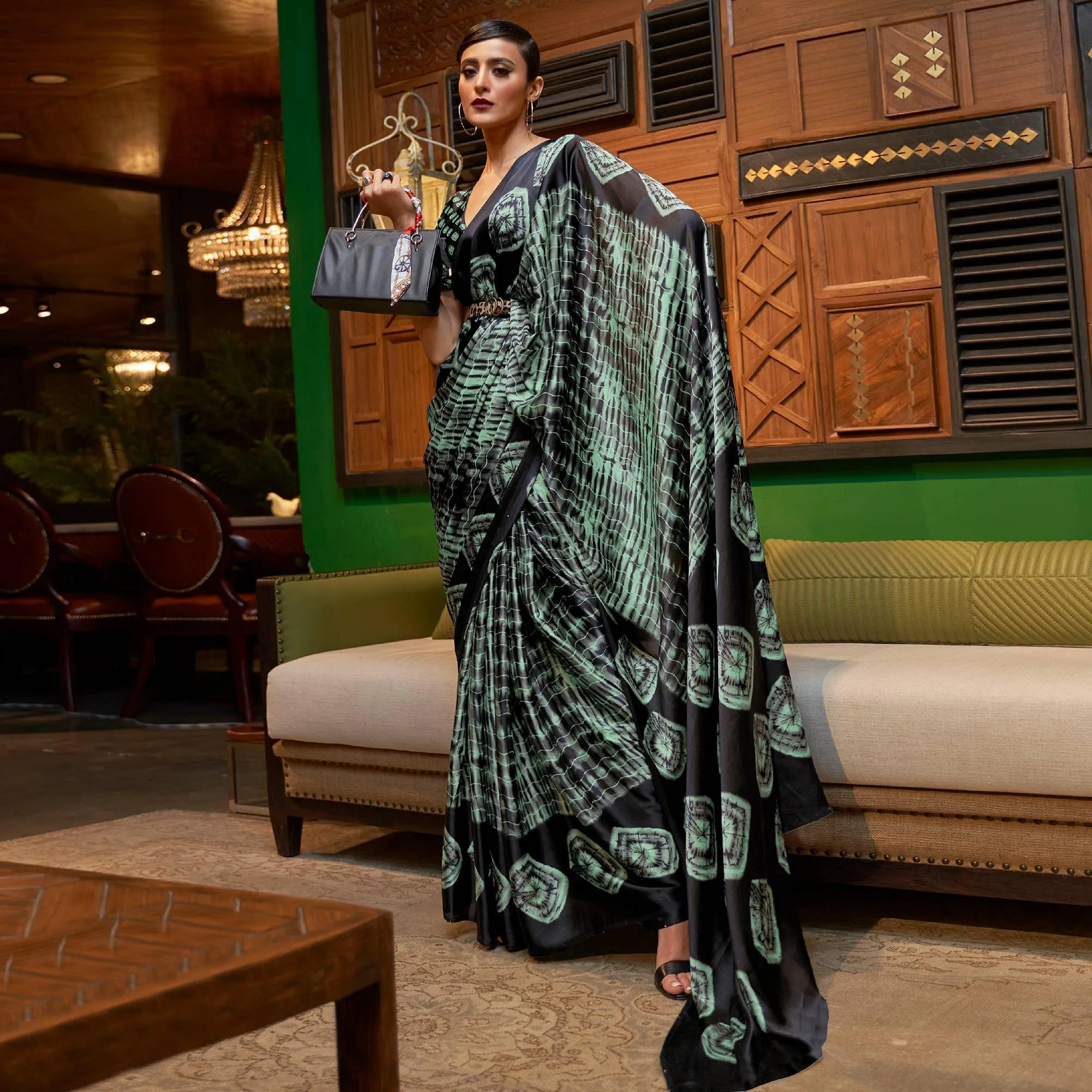 Black & Green Casual Wear Printed Satin Silk Saree