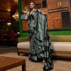 Black & Green Casual Wear Printed Satin Silk Saree