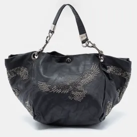 Black Embellished Leather And Snake Lohla Grommet Hobo