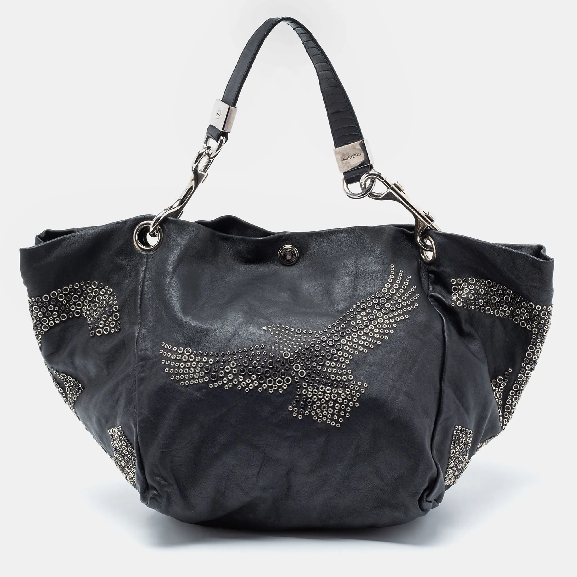Black Embellished Leather And Snake Lohla Grommet Hobo