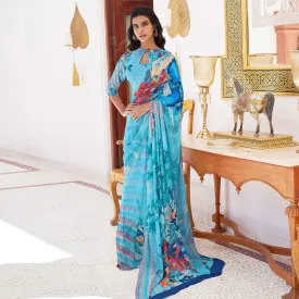 Blue Casual Wear Digital Printed Satin Georgette Saree