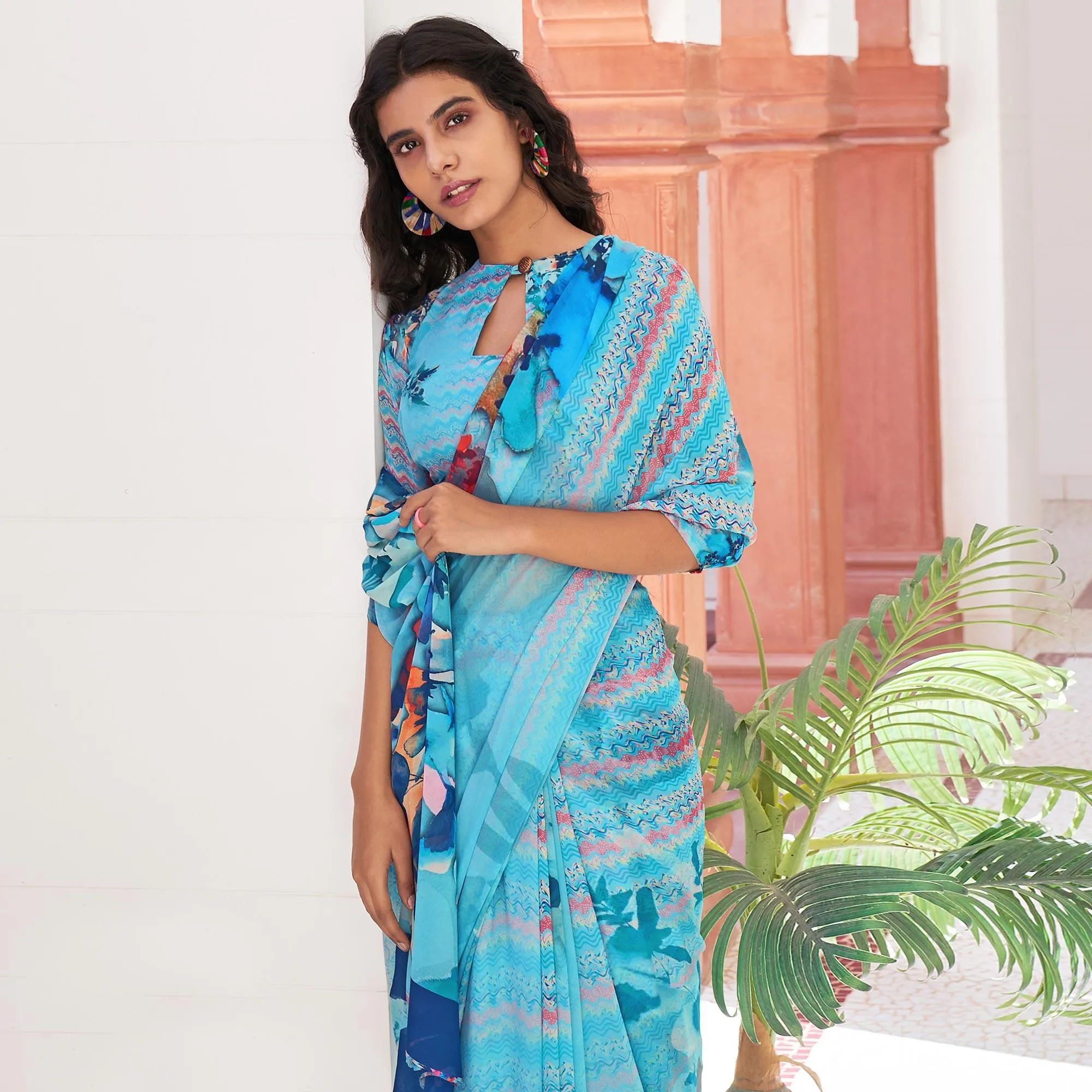 Blue Casual Wear Digital Printed Satin Georgette Saree
