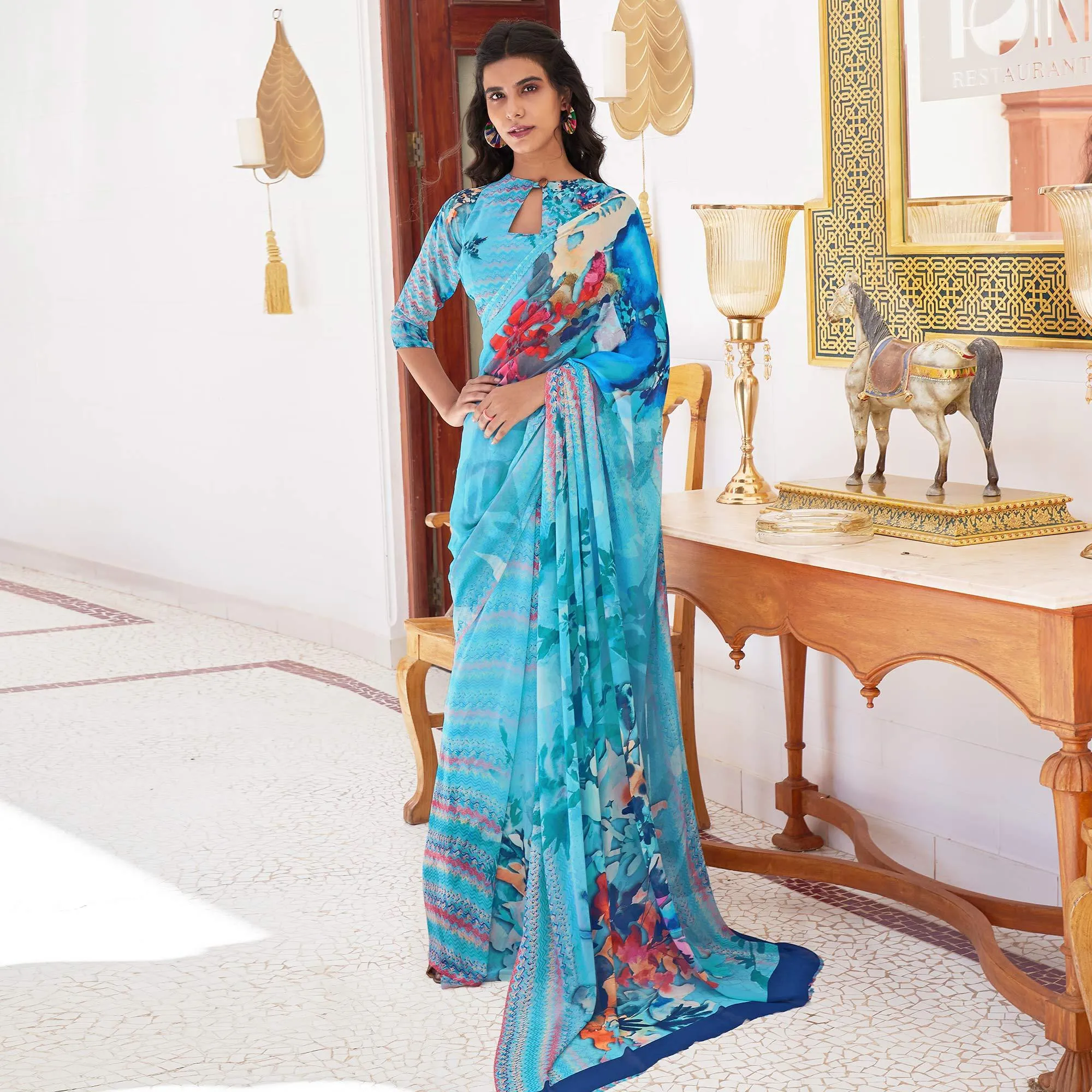 Blue Casual Wear Digital Printed Satin Georgette Saree