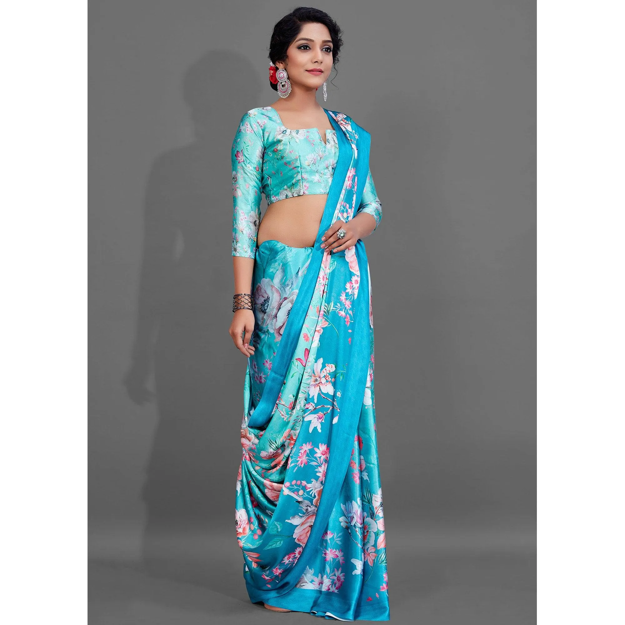 Blue Casual Wear Printed Satin Silk Saree