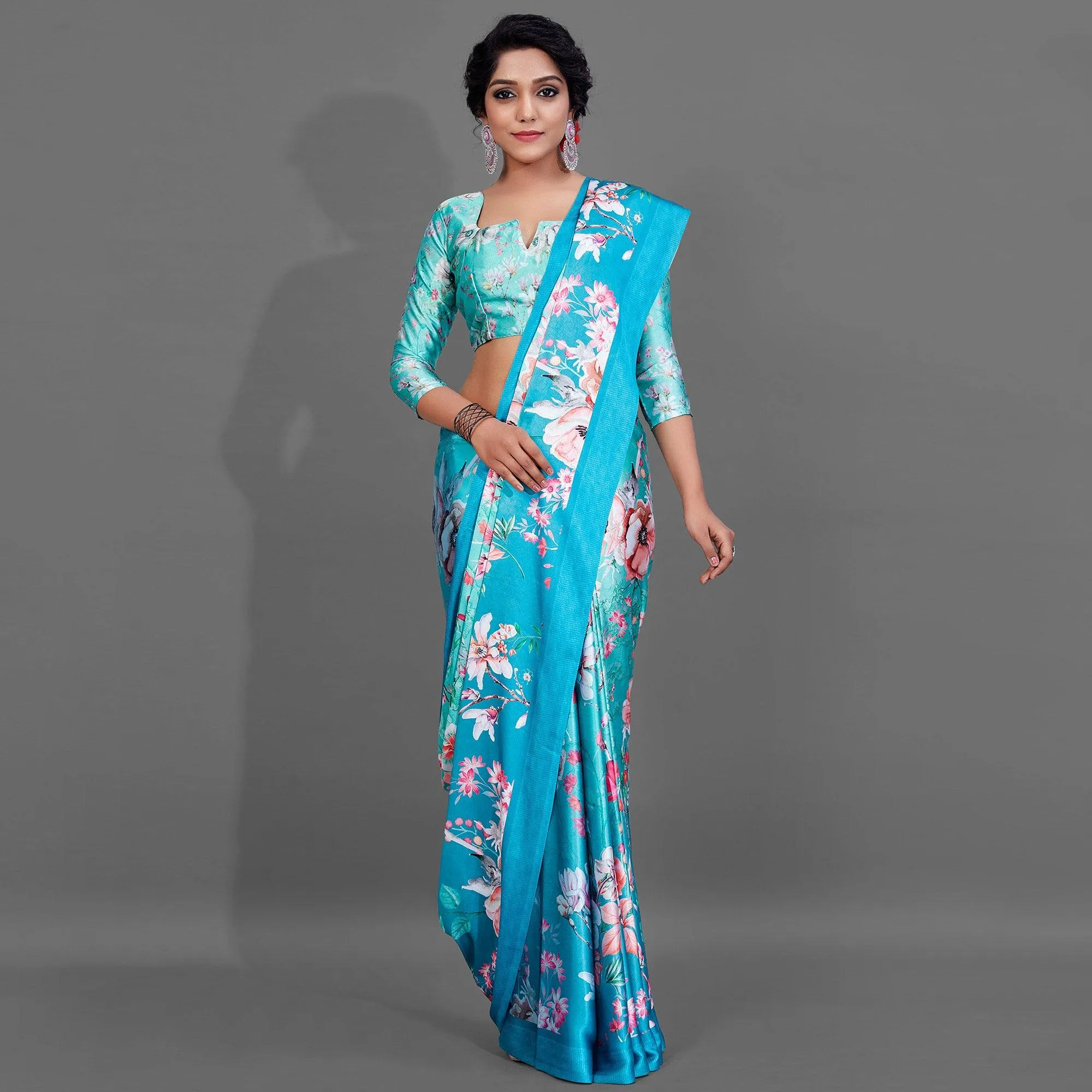Blue Casual Wear Printed Satin Silk Saree