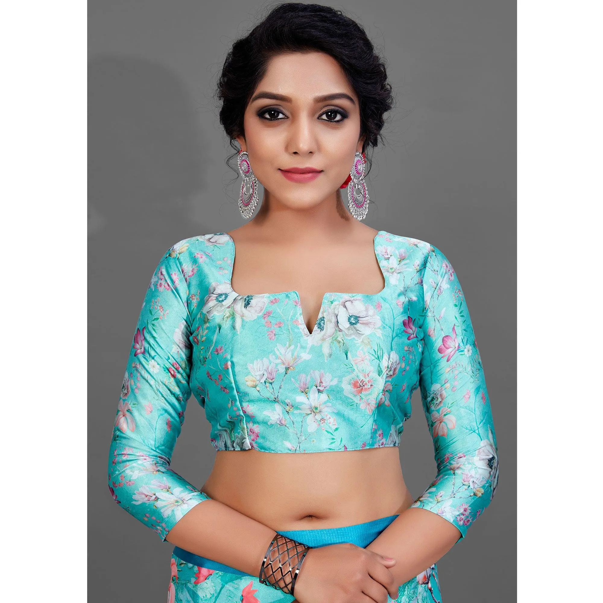 Blue Casual Wear Printed Satin Silk Saree