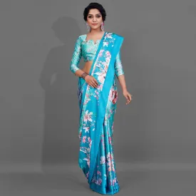 Blue Casual Wear Printed Satin Silk Saree