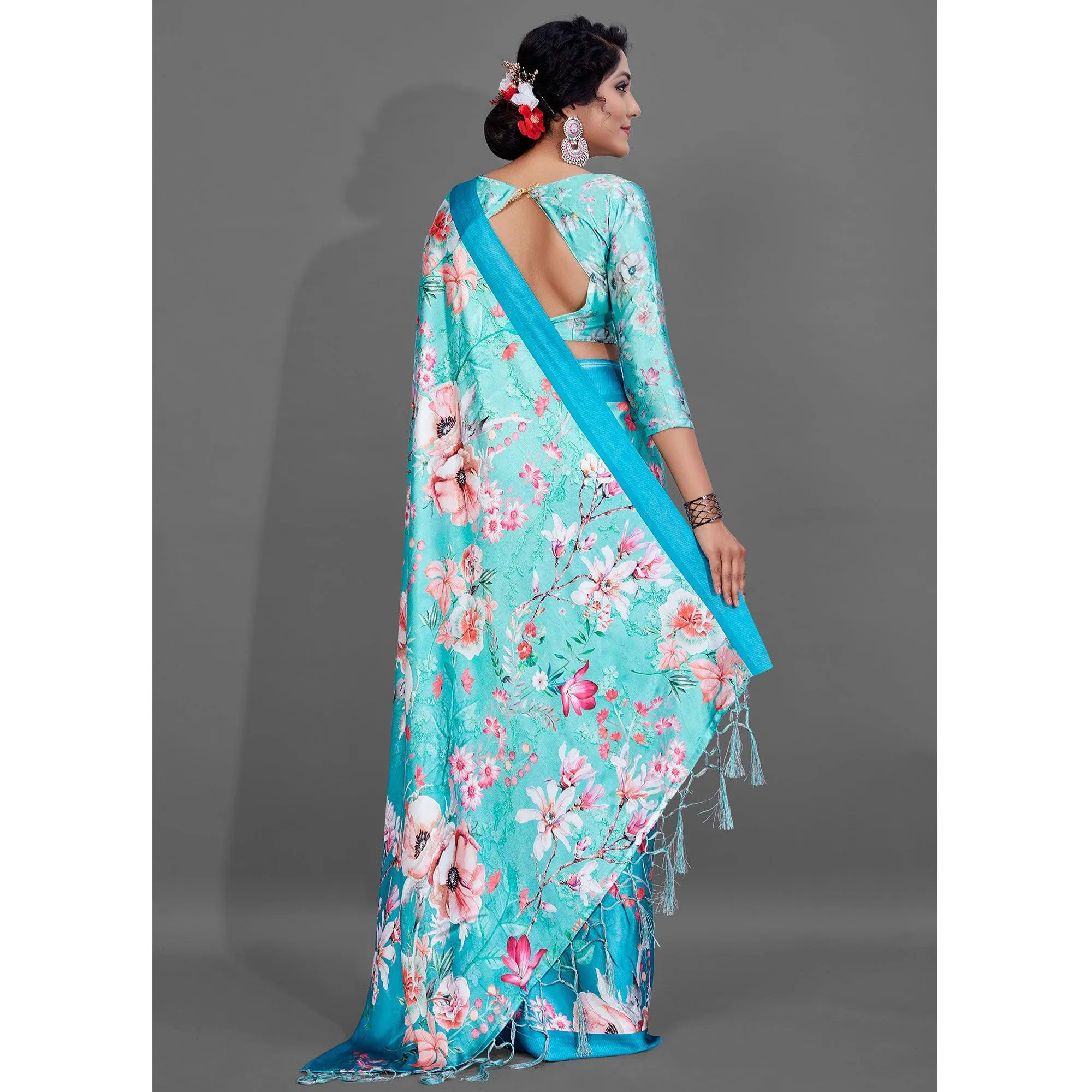 Blue Casual Wear Printed Satin Silk Saree