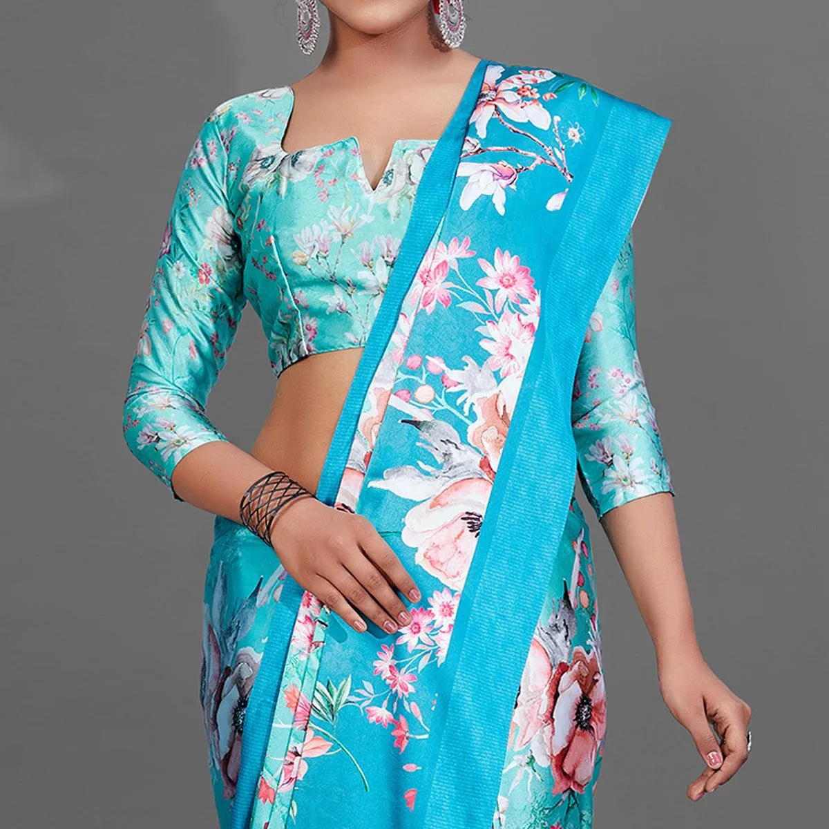 Blue Casual Wear Printed Satin Silk Saree
