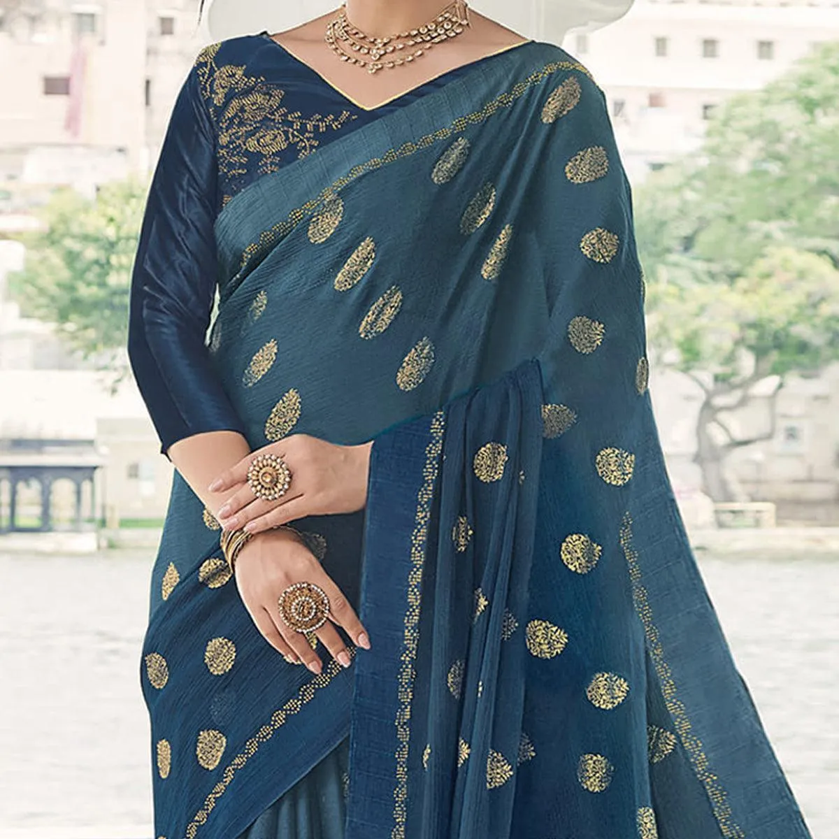 Blue Festive Wear Woven Chiffon Saree