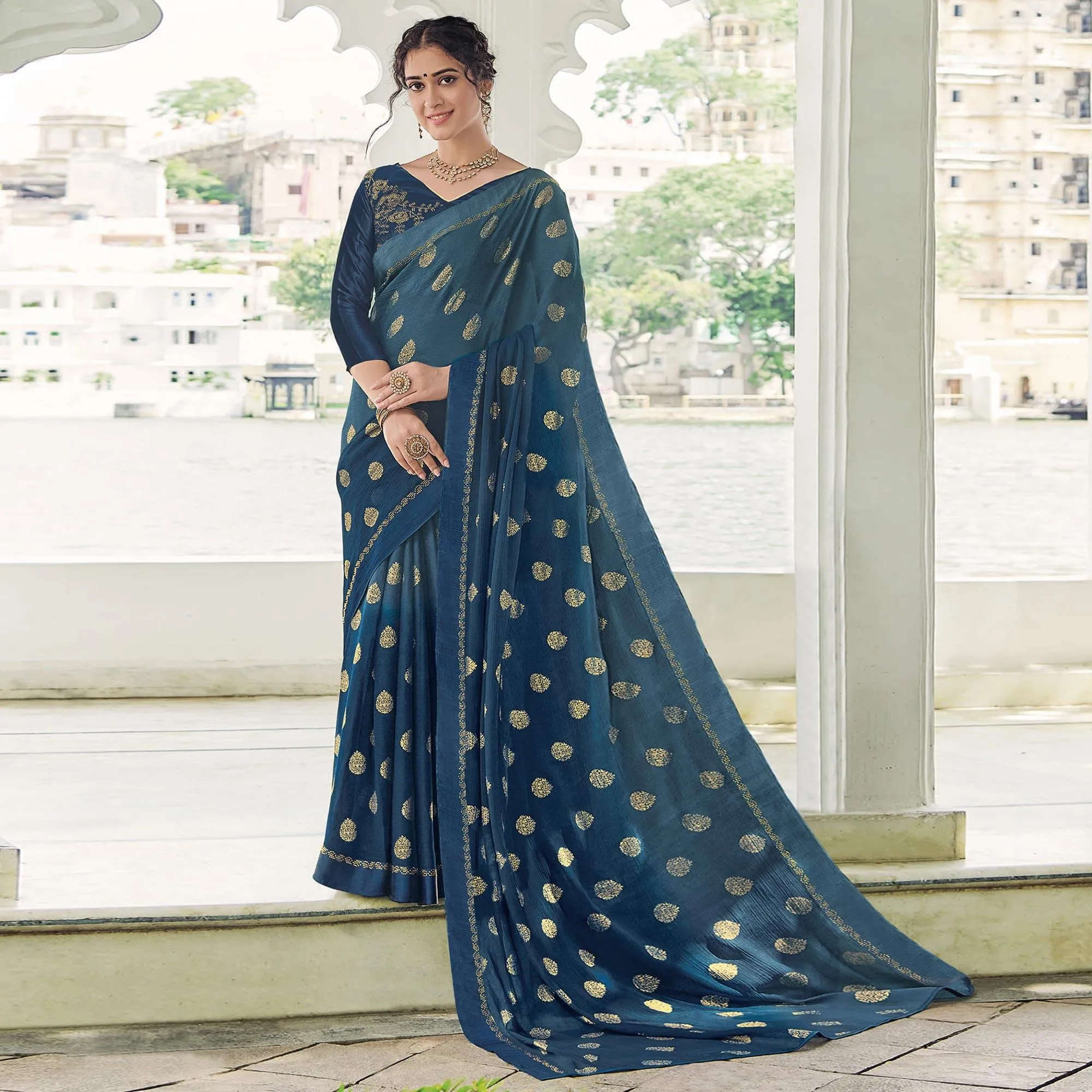 Blue Festive Wear Woven Chiffon Saree