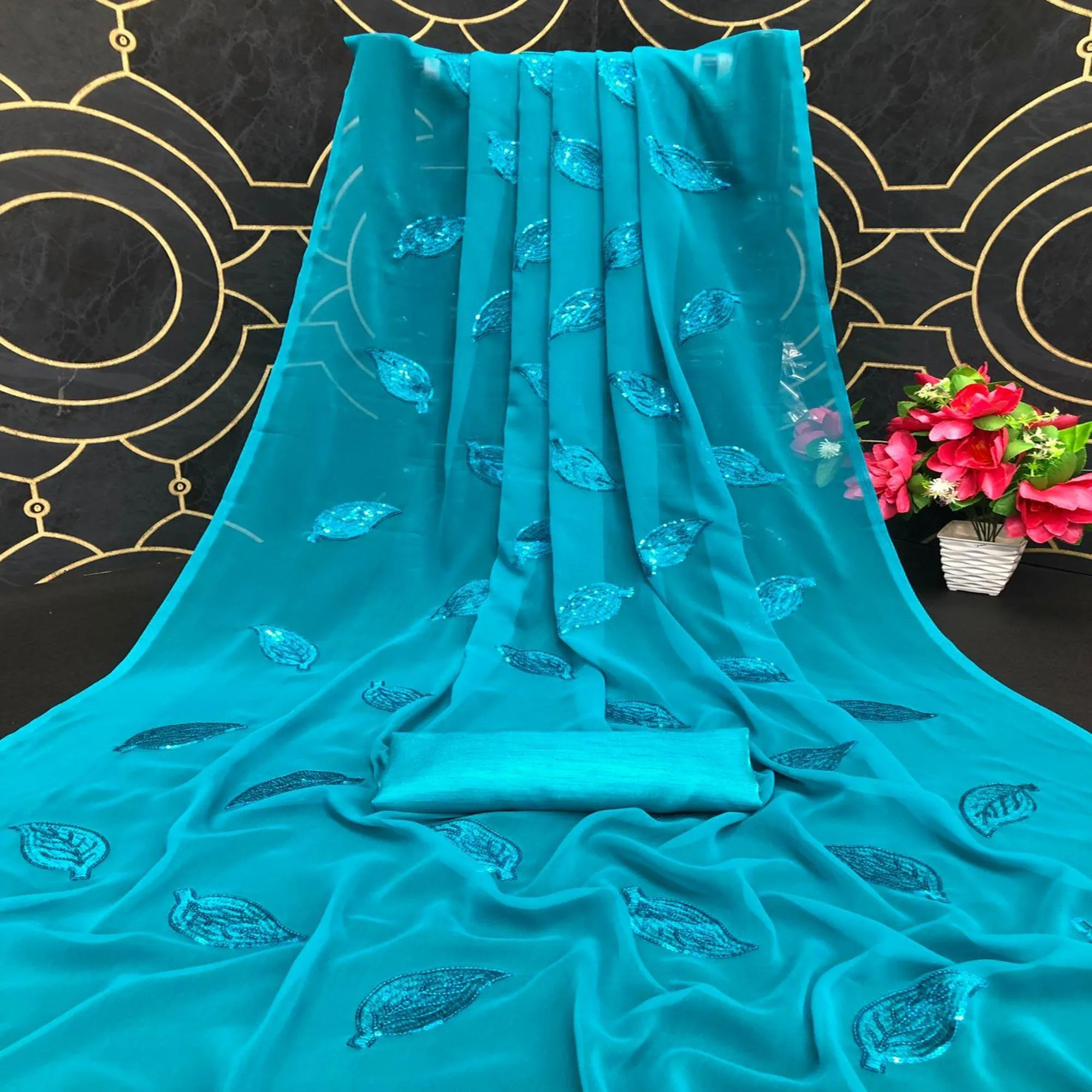 Blue Partywear Leaf Sequins Georgette Saree