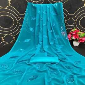 Blue Partywear Leaf Sequins Georgette Saree