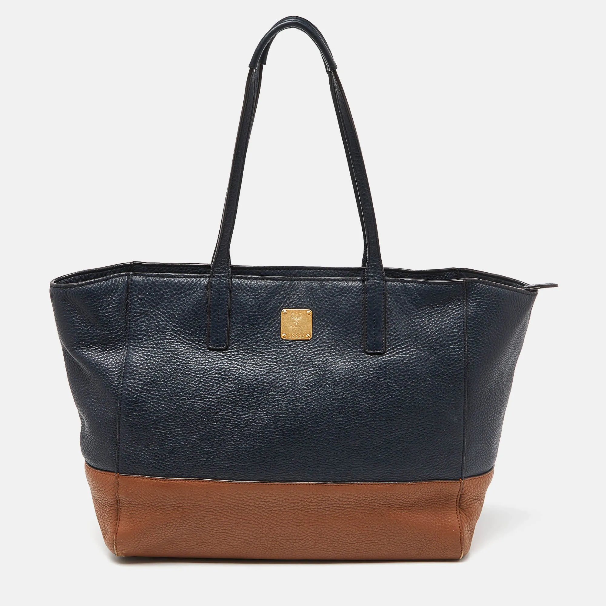 Blue/Brown Leather Zip Shopper Tote