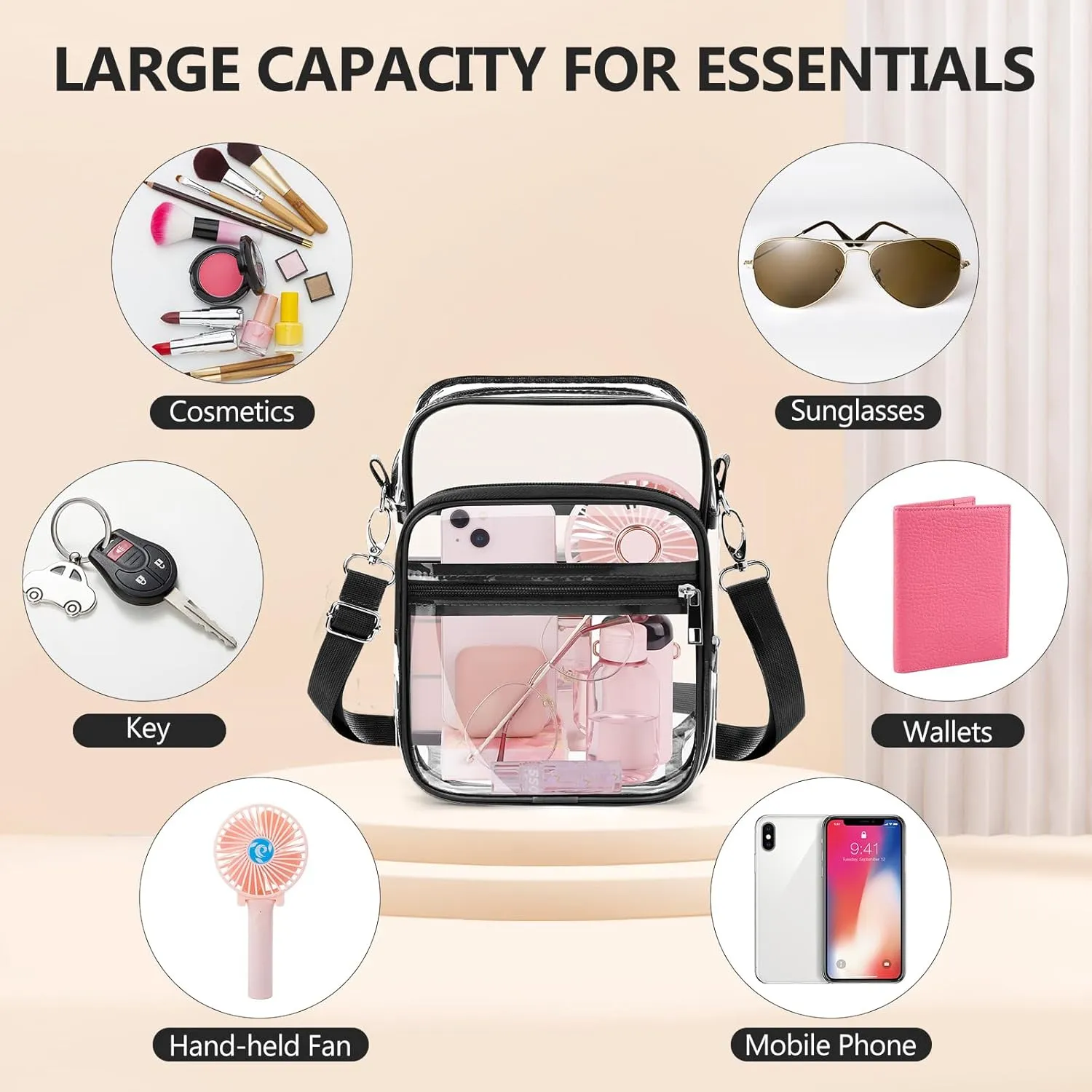 Blvornl Clear Crossbody Bag with Adjustable Shoulder Strap, Stadium Approved PVC Clear Purse Bag, Clear Messenger Bag