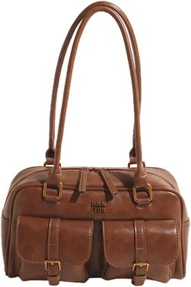 Boston Tote Bag for Women with Multi-Pockets Underarm Bag PU Leather Vintage Handbag Clutch Purse for Travel Work