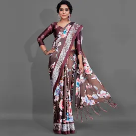 Brown Casual Wear Printed Satin Silk Saree