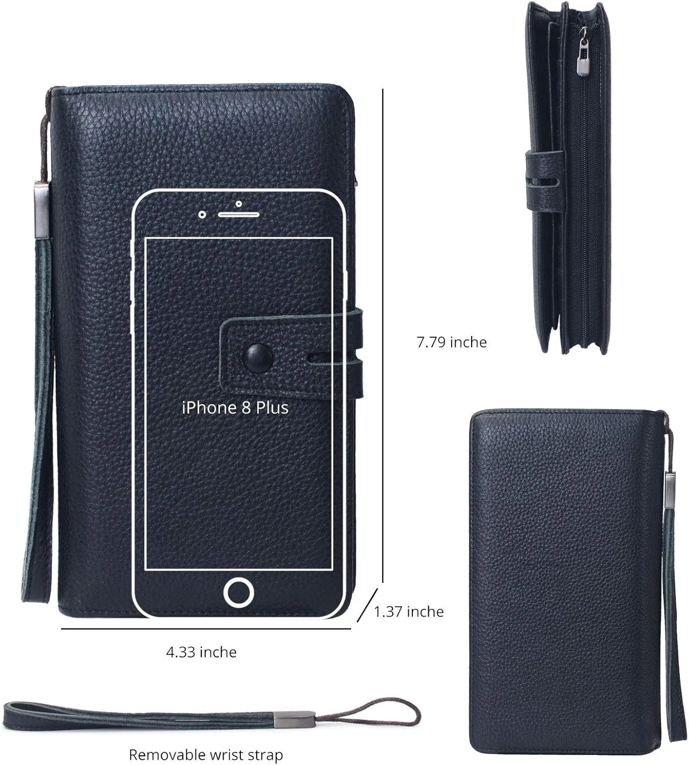Bveyzi Women's Big Fat Rfid Leather Wristlet Wallet Organizer Large Phone Checkbook Holder with Zipper Pocket (Black)
