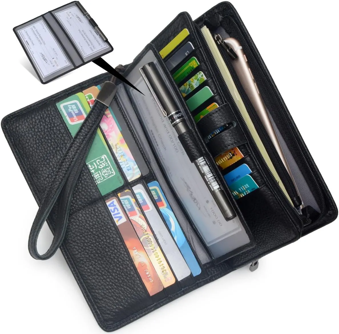 Bveyzi Women's Big Fat Rfid Leather Wristlet Wallet Organizer Large Phone Checkbook Holder with Zipper Pocket (Black)