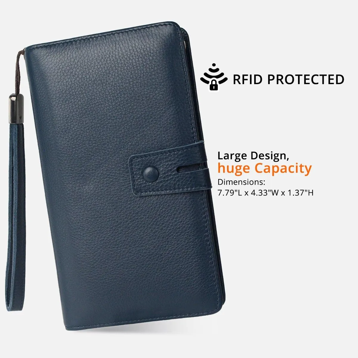 Bveyzi Women's Big Fat Rfid Leather Wristlet Wallet Organizer Large Phone Checkbook Holder with Zipper Pocket (Navy Blue)