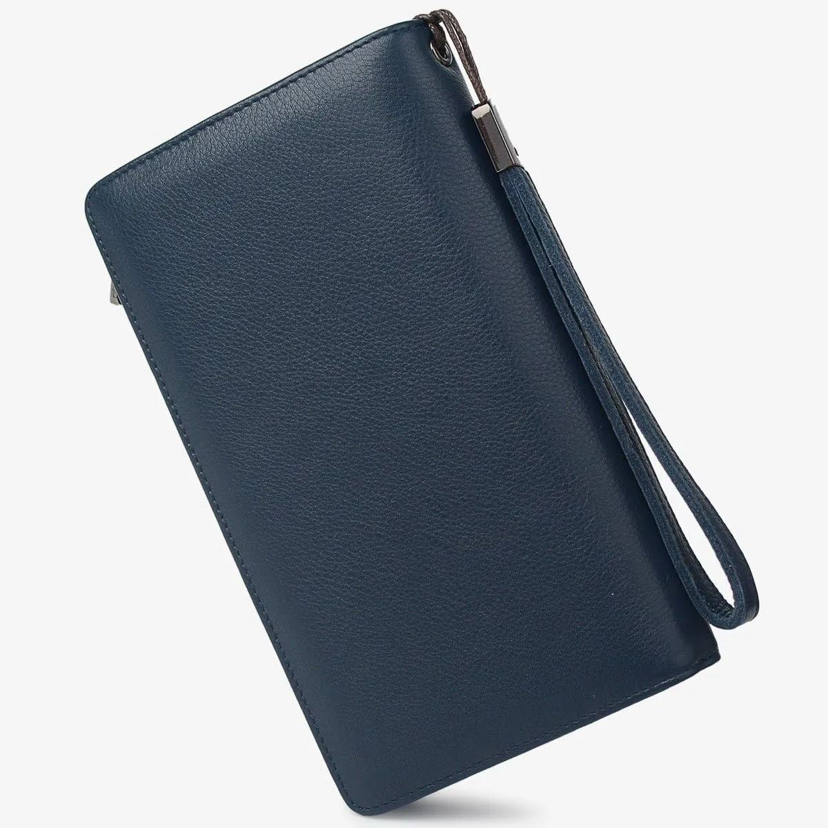 Bveyzi Women's Big Fat Rfid Leather Wristlet Wallet Organizer Large Phone Checkbook Holder with Zipper Pocket (Navy Blue)