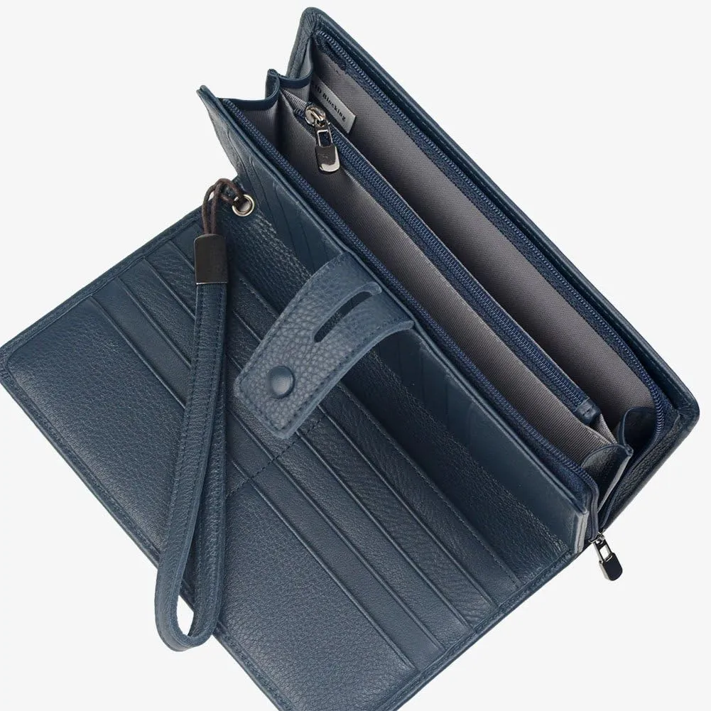 Bveyzi Women's Big Fat Rfid Leather Wristlet Wallet Organizer Large Phone Checkbook Holder with Zipper Pocket (Navy Blue)