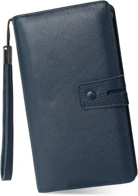 Bveyzi Women's Big Fat Rfid Leather Wristlet Wallet Organizer Large Phone Checkbook Holder with Zipper Pocket (Navy Blue)