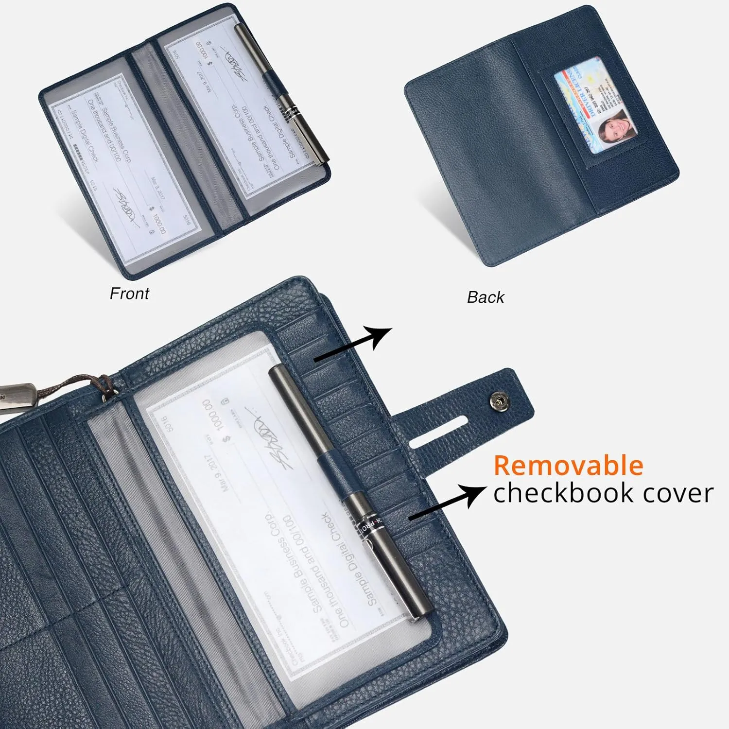 Bveyzi Women's Big Fat Rfid Leather Wristlet Wallet Organizer Large Phone Checkbook Holder with Zipper Pocket (Navy Blue)
