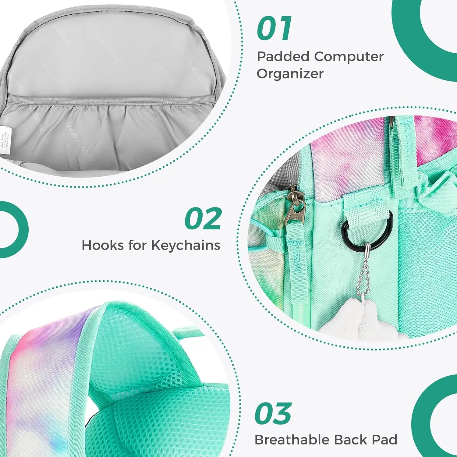 Choco Mocha Tie Dye Backpack for Teen Girls, Travel School Backpack for Girls Middle School Large Bookbag 18 Inch, Teal Green