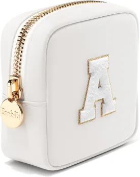 Embla Preppy Makeup Bag Travel Cosmetic Pouch, Cute Make up Case with Personalized Initial, Girls Zipper Pouch Purse Cosmetics Organizer Tote, Waterproof Travel Skincare Makeup Bag, White (Letter A)