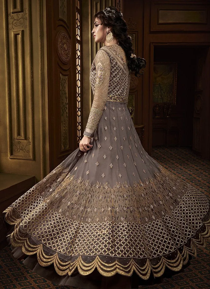 Grey Golden Embroidered Net Anarkali Pant Suit