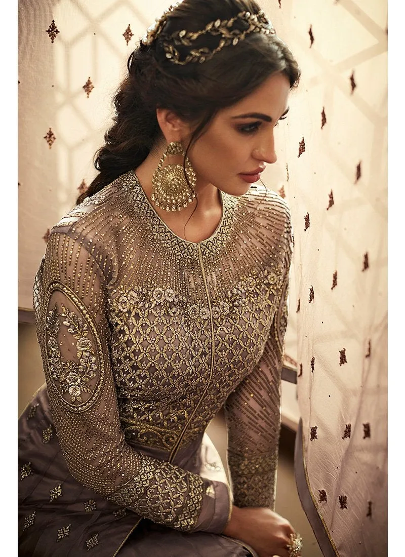 Grey Golden Embroidered Net Anarkali Pant Suit