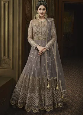 Grey Golden Embroidered Net Anarkali Pant Suit