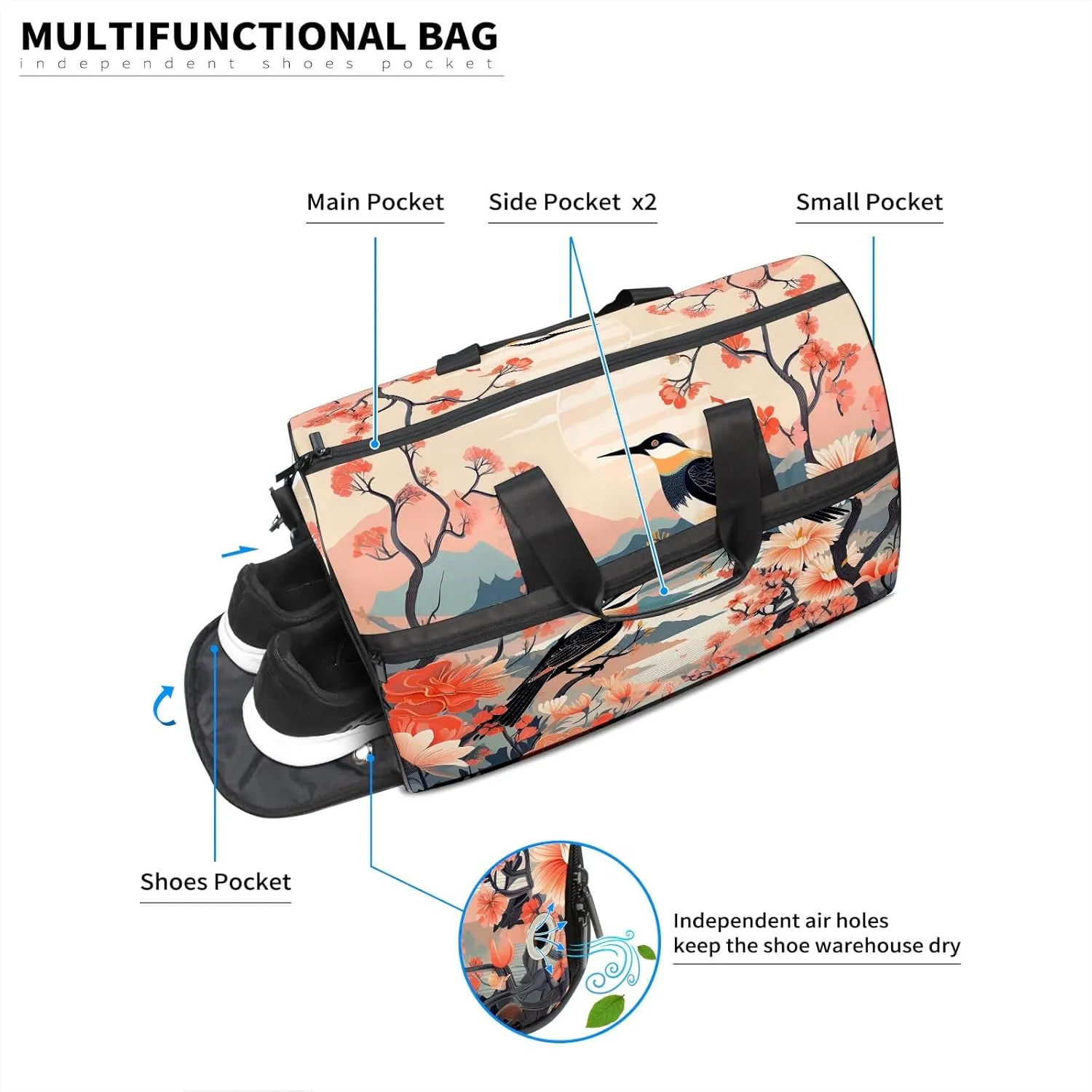 Gym Bag for Women, Carry on Weekender Overnight Bag, Travel Duffel Bags, Personal Item Travel Bag Tote Bag Workout Dance Bag, Chinese Painting Bird - 15