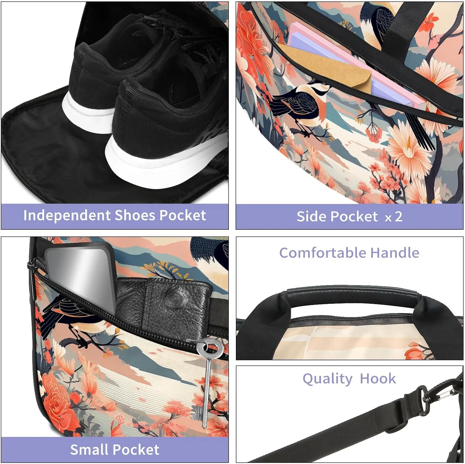 Gym Bag for Women, Carry on Weekender Overnight Bag, Travel Duffel Bags, Personal Item Travel Bag Tote Bag Workout Dance Bag, Chinese Painting Bird - 15