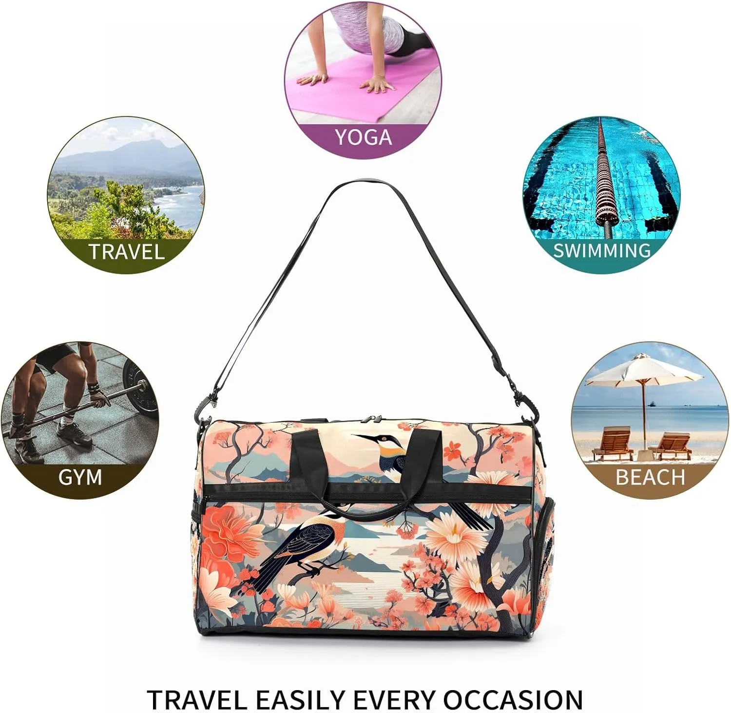 Gym Bag for Women, Carry on Weekender Overnight Bag, Travel Duffel Bags, Personal Item Travel Bag Tote Bag Workout Dance Bag, Chinese Painting Bird - 15