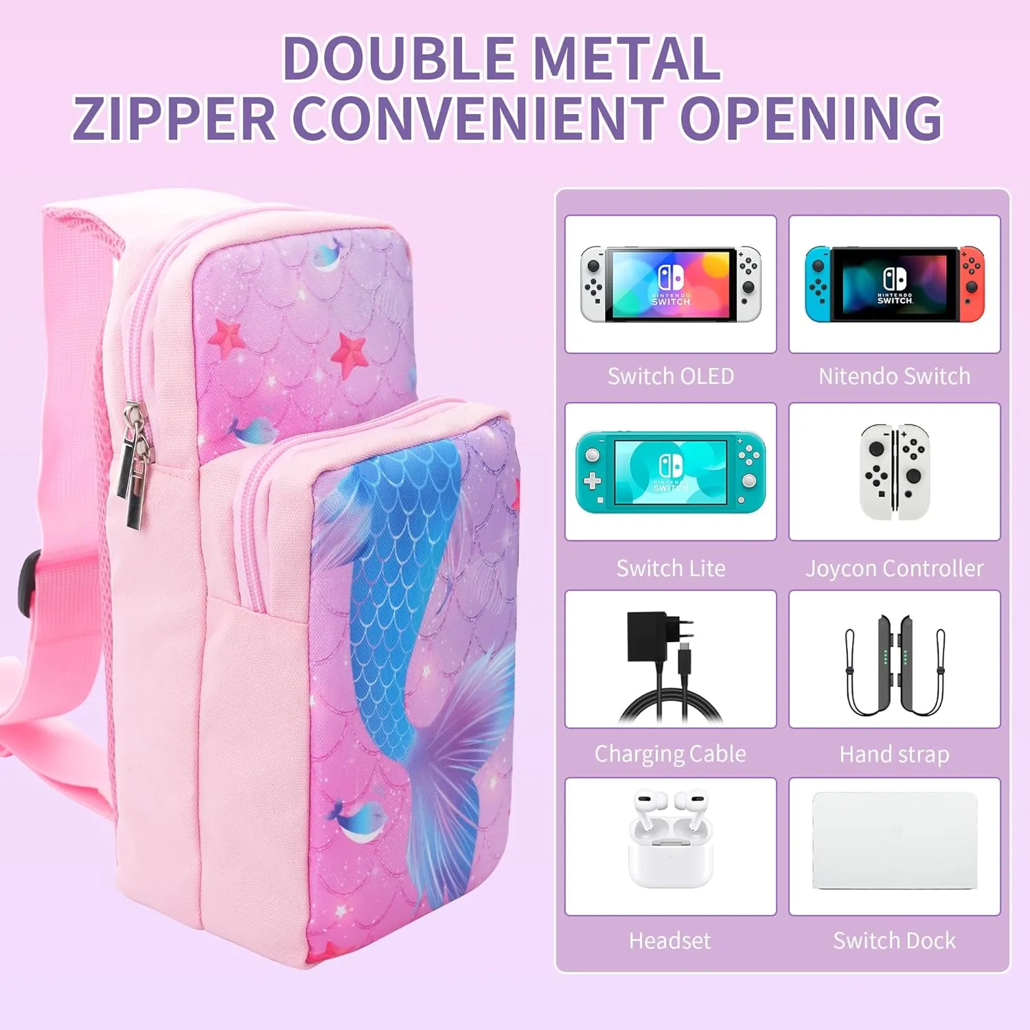 HYPERCASE Cute Shoulder Bag Kit for Nintendo Switch/OLED/Lite, Portable Fish Tail Switch Backpack Travel Bag with 2 Thumb Caps, for NS/OLED/LITE Console, Switch Dock, Joycon and Accessories Storage