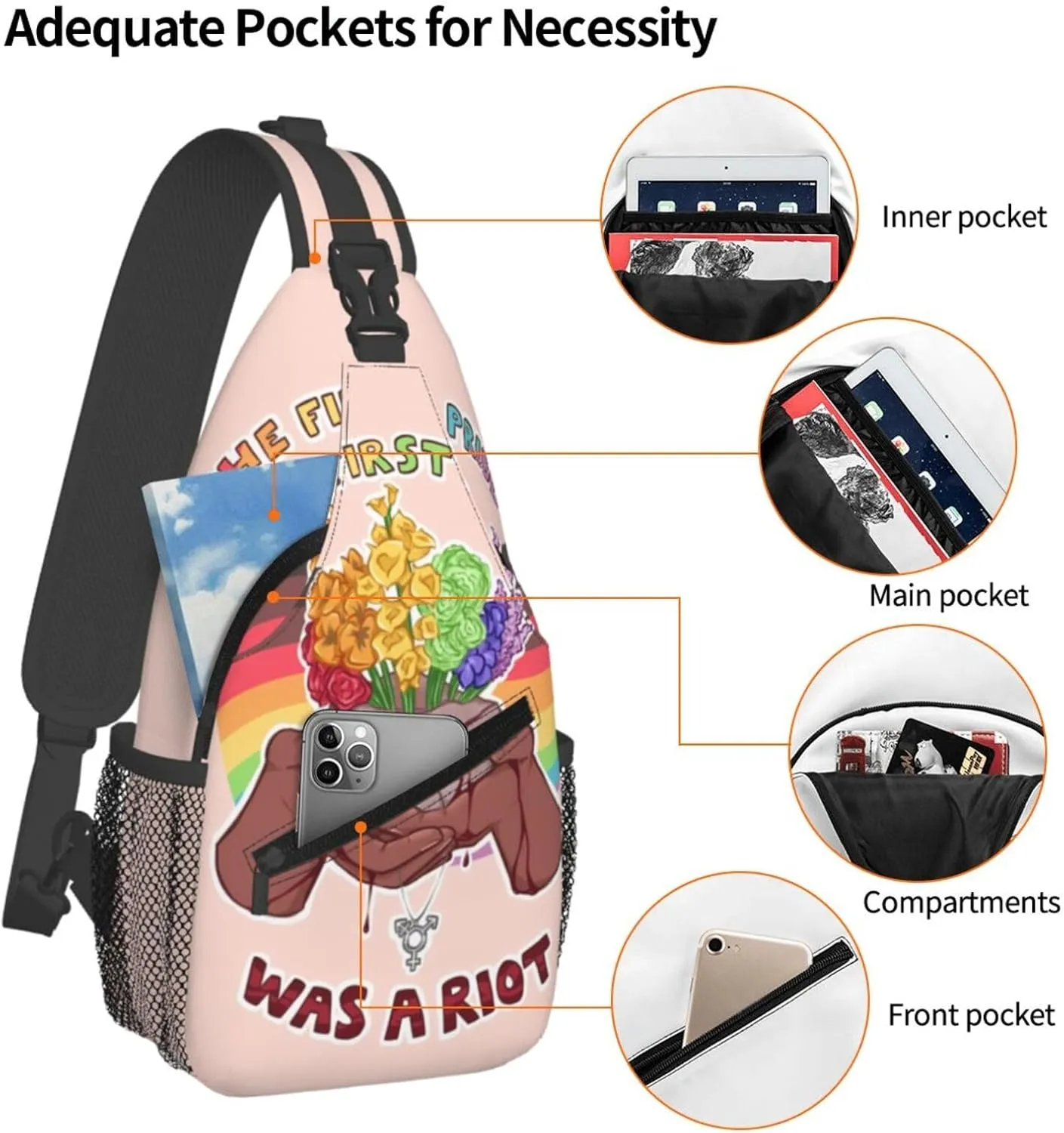 LGBT Rainbow Gay Pride Flag The First Pride Was A Riot Crossbody Sling Bag Shoulder Backpack Chest Bag Casual Daypack Outdoor Fanny Pack Adjustable Sports Bags for Gym Travel Hiking