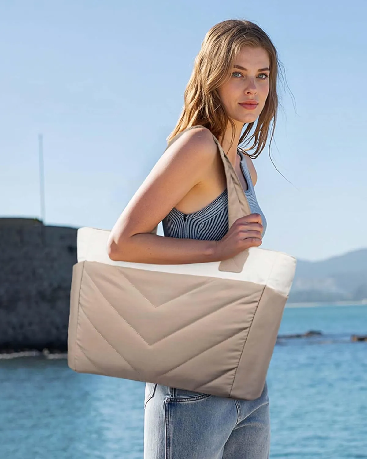 LOVEVOOK Tote Travel Bag for Women, Puffer Work Handbag with Zipper for Teacher Nurse, Quilted Laptop Shoulder Gym Bag Cute