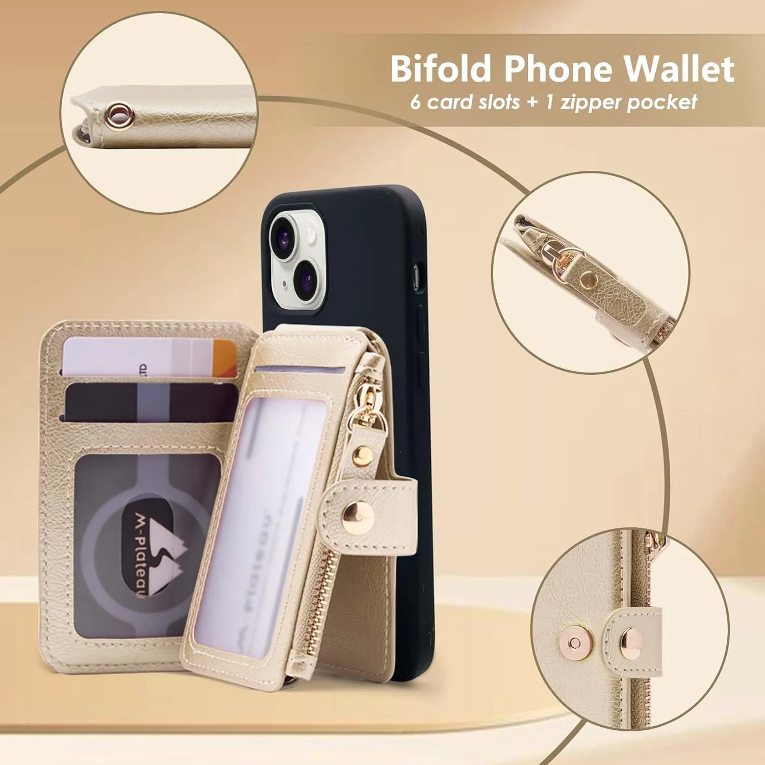 M-Plateau Small Wallet for Women, Phone Wallet with Zipper Coin Purse Credit Card Holder for Women Designed for iPhone 14 Plus Case (Gold)