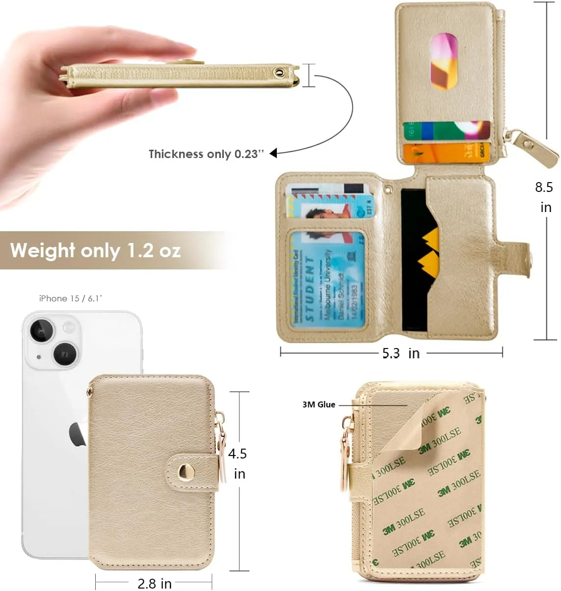 M-Plateau Small Wallet for Women, Phone Wallet with Zipper Coin Purse Credit Card Holder for Women Designed for iPhone 14 Plus Case (Gold)
