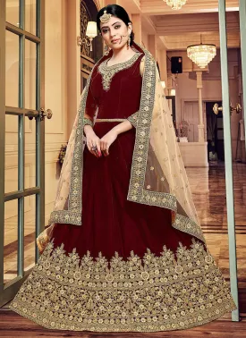 Maroon And Golden Embroidered Velvet Anarkali Suit